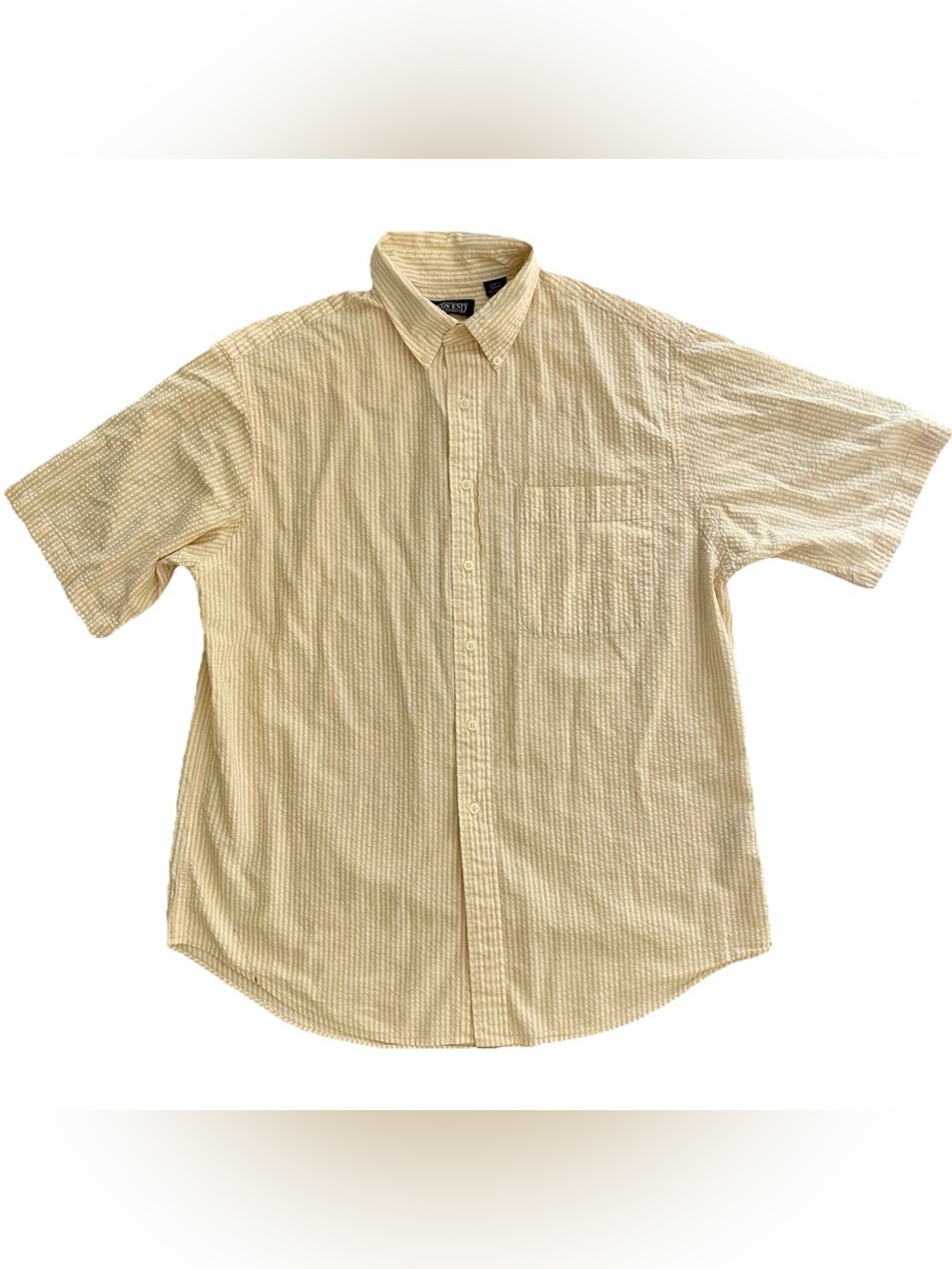 Lands End Vintage Seersucker Shirt Men’s L Yellow Striped Short Sleeve Preppy